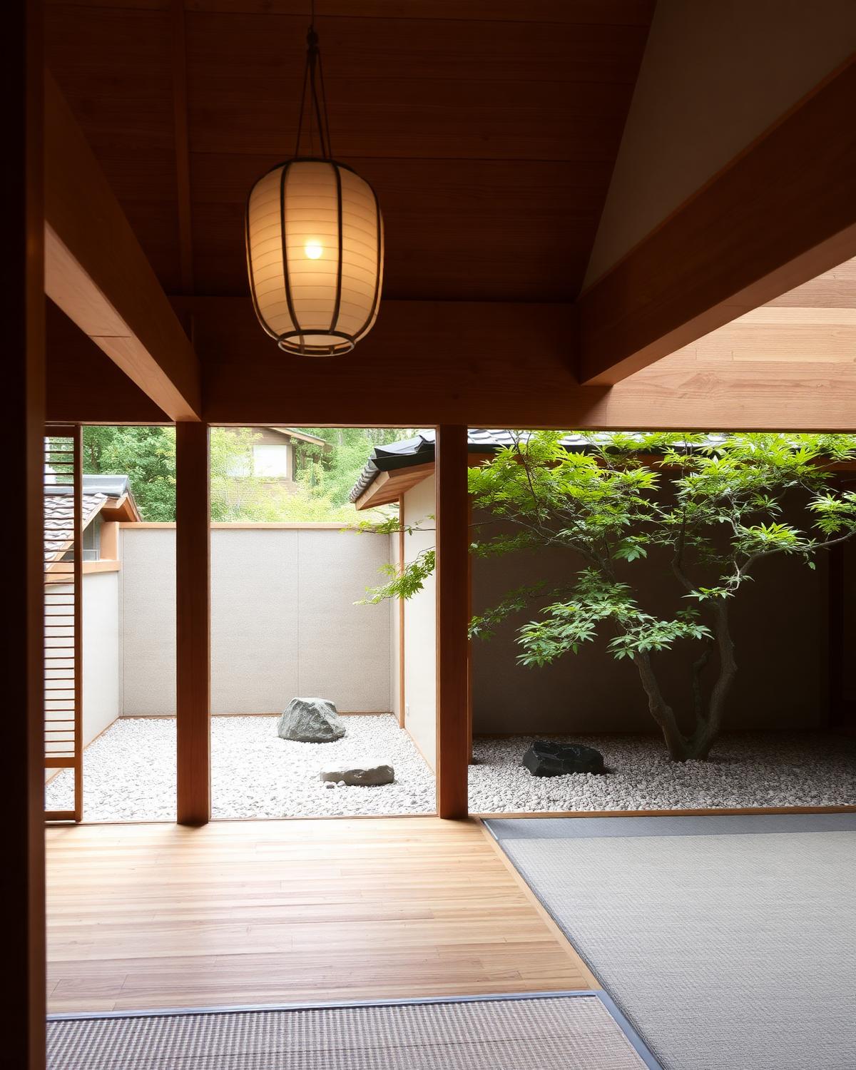 A timber veranda opening onto a small garden with a maple tree.