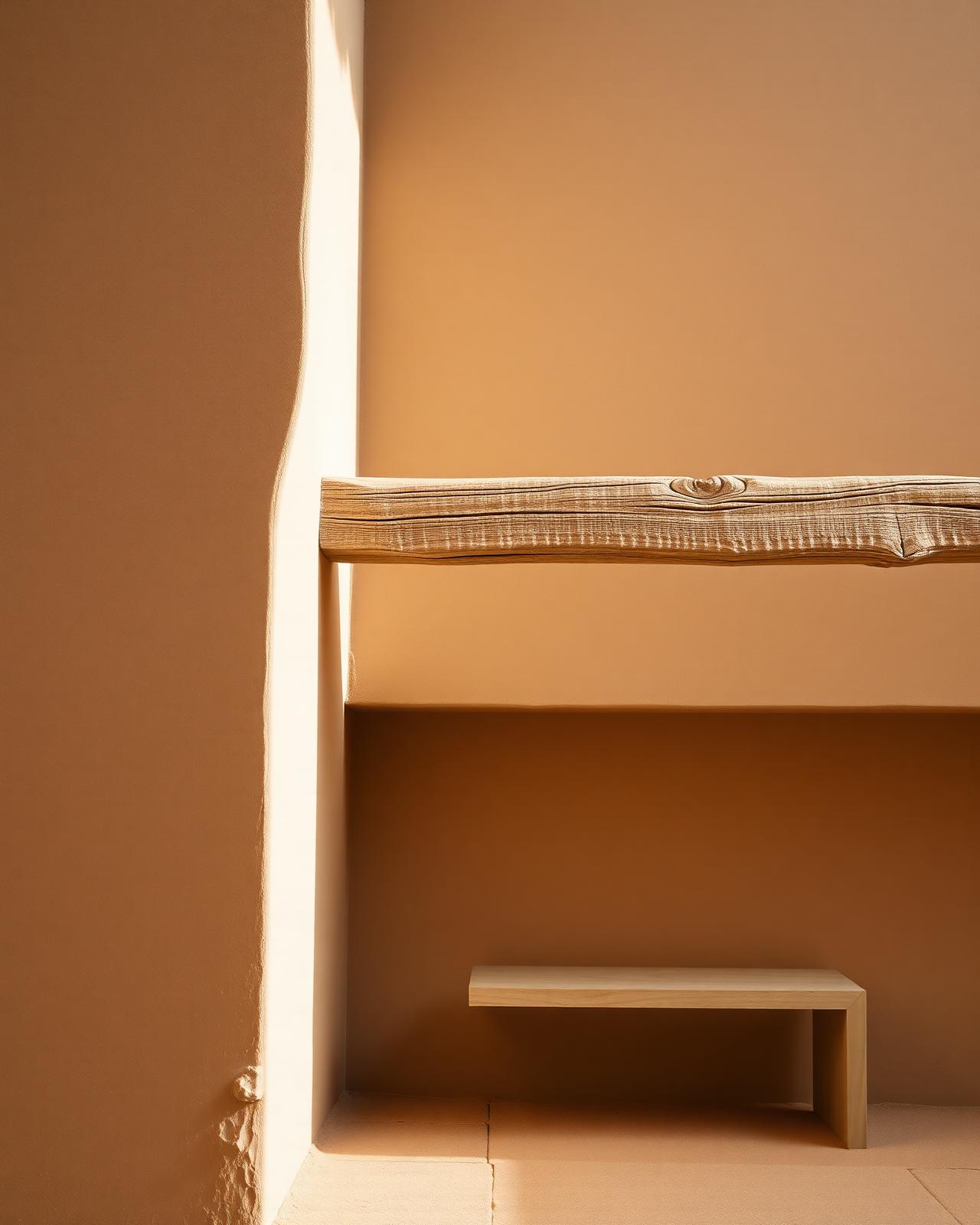 Warm plaster wall with a single wooden beam catching afternoon light.
