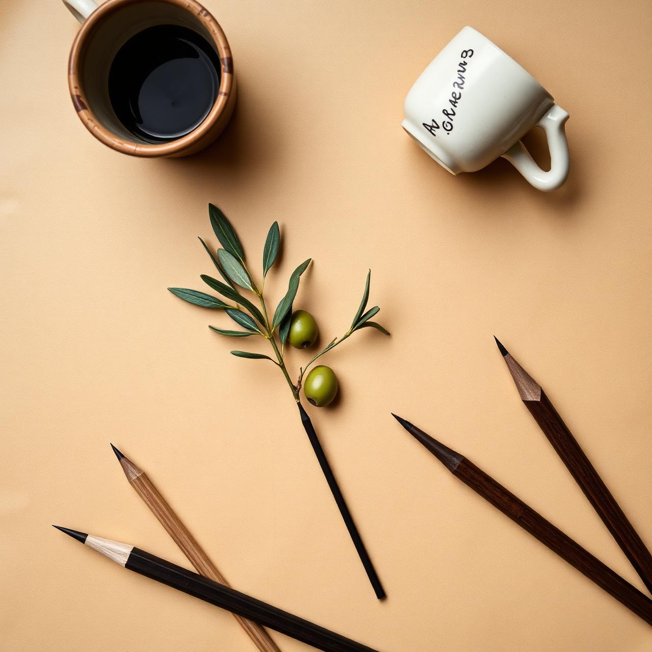 Drawing tools and a sprig of olive on warm parchment.